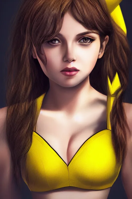 Image similar to heroine, beautiful, female pikachu, ultra detailed, digital art, 8 k, character, realistic, portrait, hyperrealistic