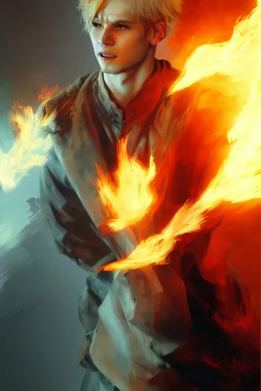 Image similar to character art by ruan jia, young man, blonde hair, on fire, fire powers