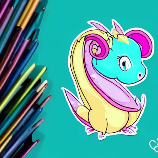 Image similar to cartoony cute dragon, teal, rainbow, pastel, colorful, sticker, clean lines, digital art