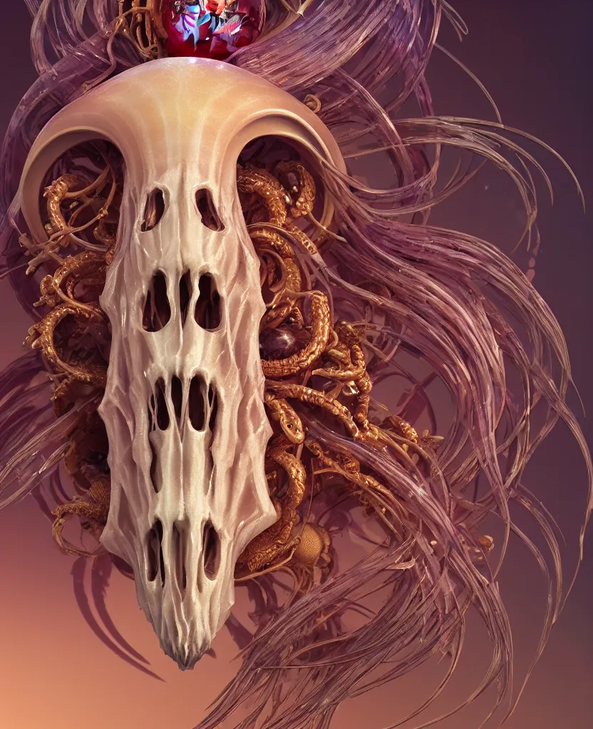 Image similar to goddess close-up portrait ram skull. jellyfish phoenix head, nautilus, orchid, ram skull, betta fish, bioluminiscent creatures, intricate artwork by Tooth Wu and wlop and beeple. octane render, trending on artstation, greg rutkowski very coherent symmetrical artwork. cinematic, hyper realism, high detail, octane render, 8k