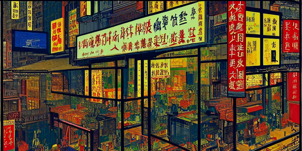 Prompt: a window view, through the window is another shop window in hong kong, by dan mumford and peter doig and edward hopper, minimal, black in, thick lines highly detailed, muted colours, overlaid with chinese adverts, 8 k