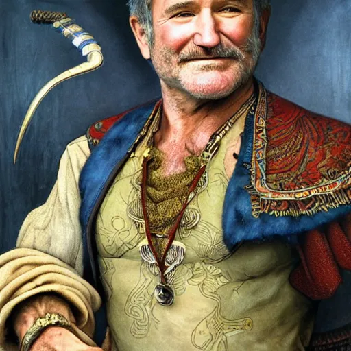 Prompt: an ultradetailed portrait of robin williams dressed as sheogorath, floating in the air with magic, the elder scrolls, fantasy, intricate, elegant, highly detailed, digital painting, matte, sharp focus, illustration, art by john collier and albert aublet and krenz cushart and artem demura and alphonse mucha