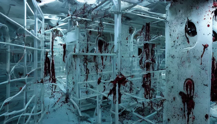 Prompt: Big budget horror movie set in an undersea biolab, the walls are splattered with blood