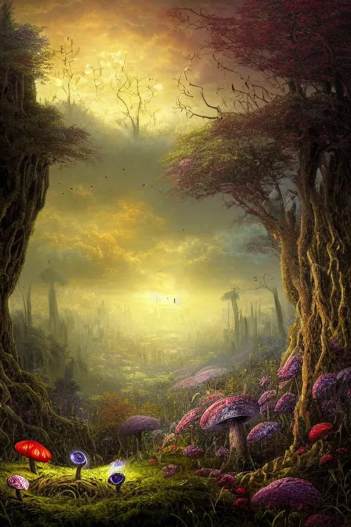 Image similar to a beautiful digital landscape painting of a detailed gothic fantasy fireflies and roots, dark mushroom, flowers by benoit b. mandelbrot, steven belledin, martin johnson heade, lee madgwick, caspar david friedrich, and david rios ferreira. 8 k resolution trending on artstation concept art digital illustration