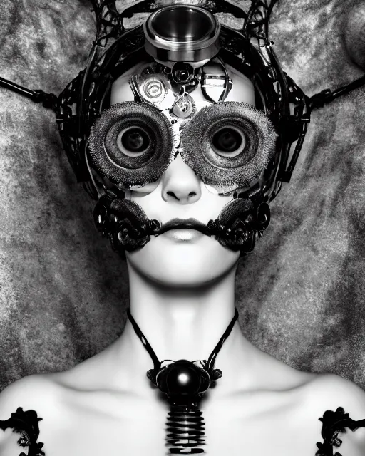 Image similar to black and white dreamy foggy smoky profile face portrait, one silver steampunk eye biomechanical beautiful young female cyclope - cyborg - robot bust, body ribs meshes,, volumetric light, hibiscus flowers, by hg giger, rim light, by dora maar and cecile beaton, big gothic fashion pearl embroidered collar, 8 k