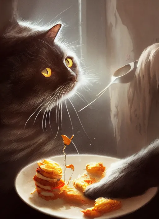 Image similar to a whimsical portrait of a cat stealing food ; by greg rutkowski, sung choi, mitchell mohrhauser, maciej kuciara, johnson ting, maxim verehin, peter konig, final fantasy, marco lense, hd, high detail, atmospheric, trending on artstation