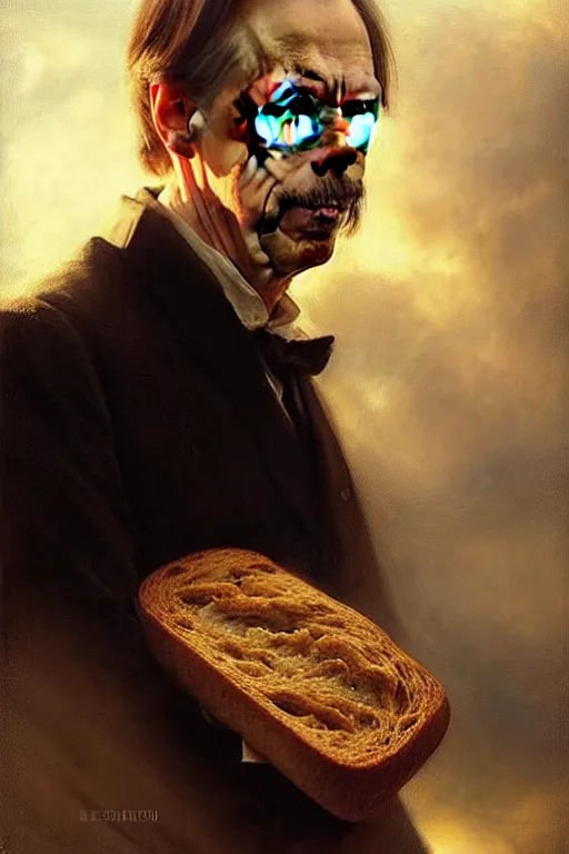 Image similar to beautiful portrait of steve buscemi as an anthropomorphic loaf of bread, art by anders zorn, wonderful masterpiece by greg rutkowski, beautiful cinematic light, american romanticism thomas lawrence, greg rutkowski