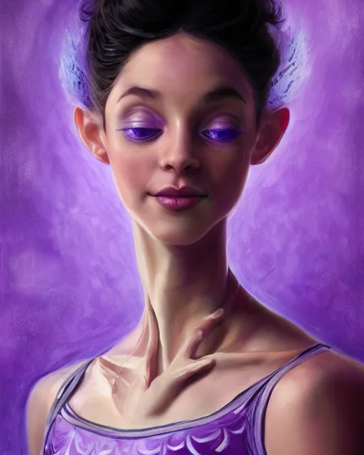 Prompt: young brook shields as a ballerina, perfect face, purple halter top, black hair, abs, cinematic, young adult, slim face, stunning, adorable, cute, athletic, strong, agile, highly detailed, psychedelic, digital painting, artstation, smooth, hard focus, illustration, art by jessica rossier and and brian froud