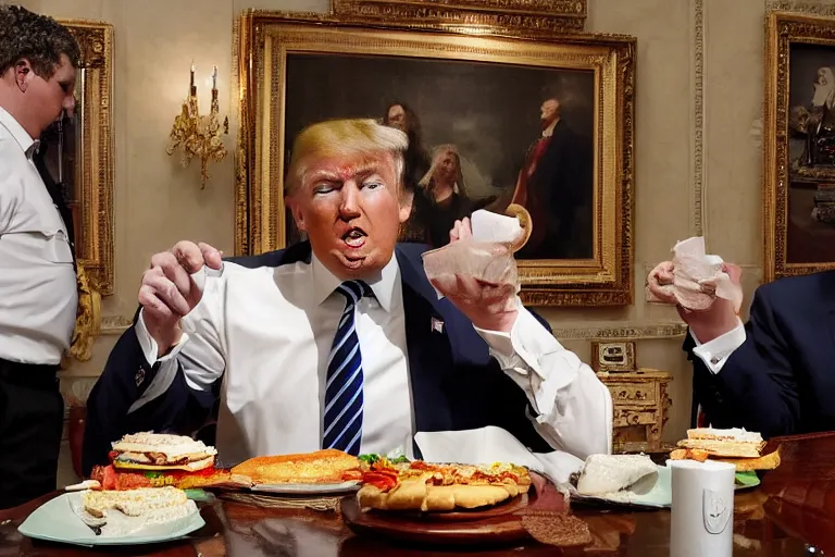 Prompt: Donald Trump visibly sulks, eating a cheeseburger, Inside his Mar-a-Lago home, as the home is raided by many federal agents, raided by feds, panicking, Highly detailed, Cinematic, hyperrealistic, photorealistic, 4k, Realistic, detailed.