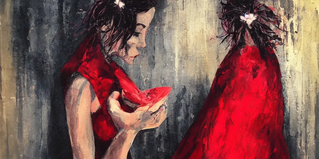 Prompt: painting, dark, woman in a red dress, no face, butterflies