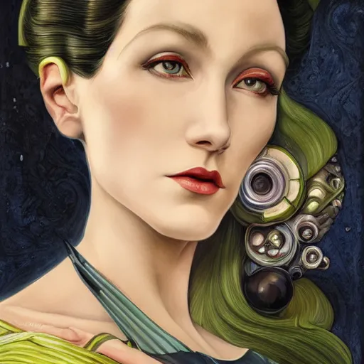 Image similar to an art nouveau, ( streamline moderne ), multi - racial portrait in the style of anna dittmann and donato giancola and chanthara. very large, clear, expressive, and intelligent eyes. centered, ultrasharp focus, dramatic lighting, photorealistic digital matte painting, intricate symmetrical ultra detailed background.