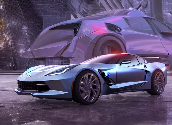 Image similar to hyperrealism, detailed textures, photorealistic 3 d render, a photorealistic futuristic 2 0 3 9 corvette stingray concept car with a sky full of stars colour scheme, sharp focus, ultra realistic, ultra high pixel detail, cinematic, intricate, cinematic light, concept art, illustration, art station, unreal engine 8 k