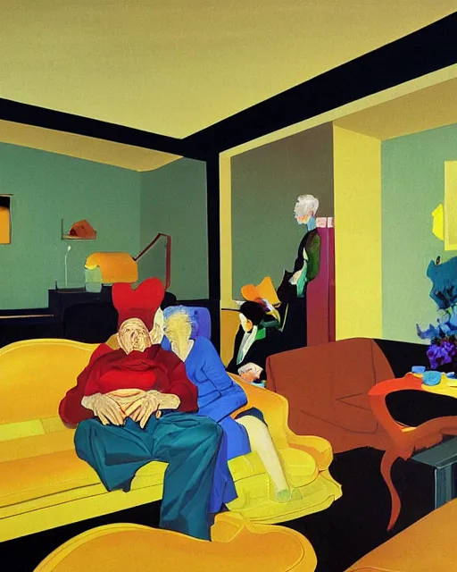 Image similar to old dead couple on couch watching a large obsidian television screen inside a yellow art deco interior room in the style of Francis Bacon and Syd Mead, open ceiling, highly detailed, painted by Francis Bacon and Edward Hopper, painted by James Gilleard, surrealism, airbrush, very coherent, triadic color scheme, art by Takato Yamamoto and James Jean