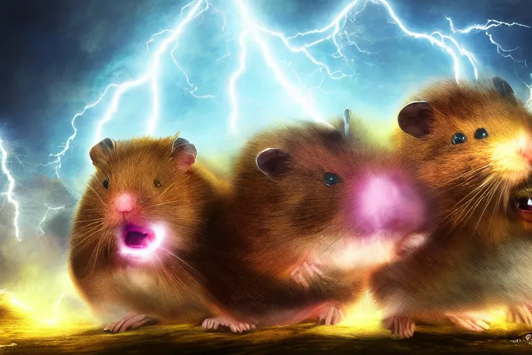 Prompt: two massive hamsters fighting in an apocalyptic lightning landscape, fantasy, anime, digital art, post-processing