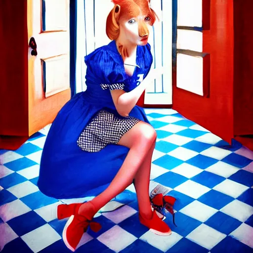 Prompt: alice in the wonderland, sitting, checkered floor, chair, blue dress, red door blonde, light by cheval michael