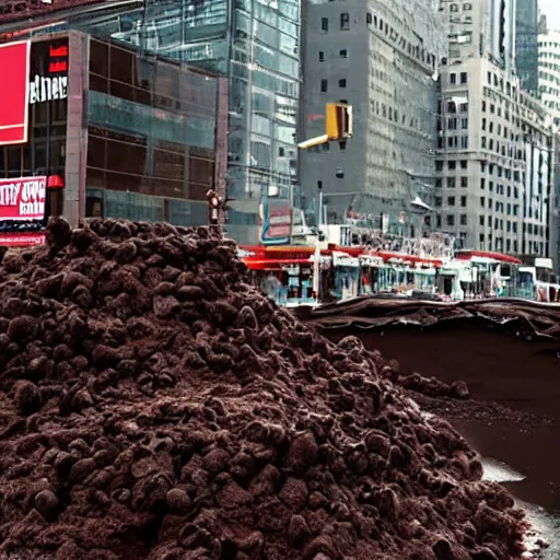 Image similar to tsunami of liquid chocolate on new york, post apocalyptic, cinematic