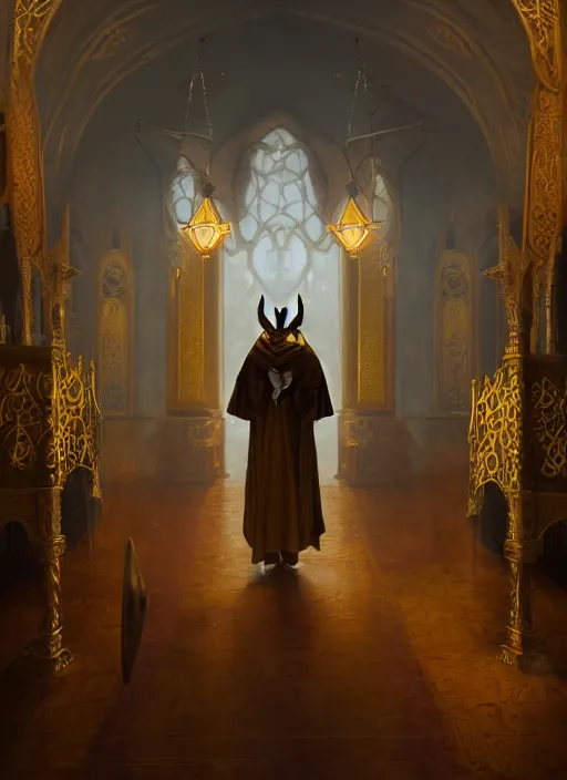 Image similar to surrealistic portrait of anthropomorphic caracal in golden priest clothes wearing vr in orthodox church, bokeh, foggy, dynamic lighting, darkness, ambients, dramatic, foggy, heavy bokeh and blur, cinematic, depth of field, art by bussiere rutkowski andreas rocha