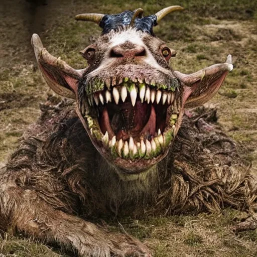 Image similar to horror, highly detailed photography, wide shot, mutated goat monster hybrid with huge mouth open to reveal filthy crocodile - like teeth, filthy matted fur, in muddy medieval village, howling, screeching