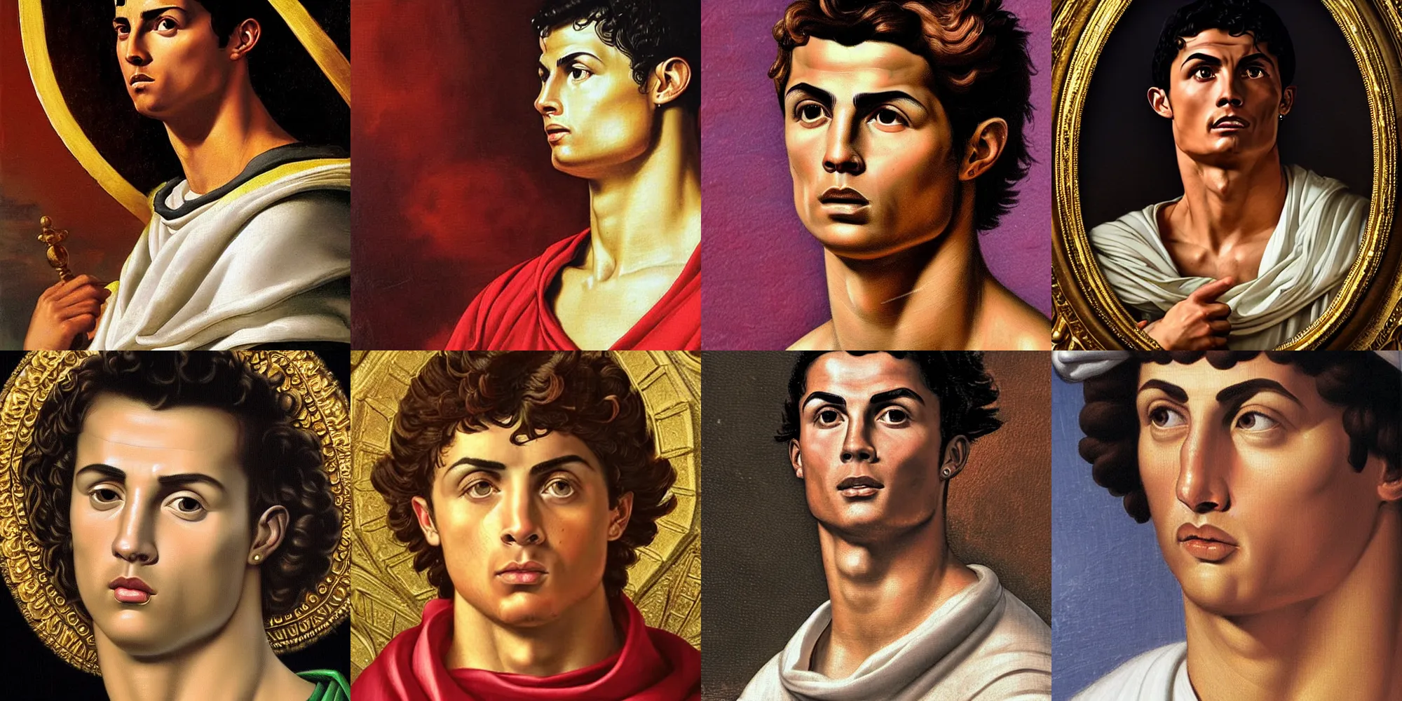 Prompt: Cristiano Ronaldo, jealous face, closeup, dressed in roman clothes, ultra detailed, art by Guido Reni style