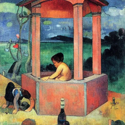 Prompt: numerical evergrowing technological New York hexagon swift puddle portico tub , by Paul Gauguin and Eugene Delacroix and Valentine Hugo , oil on canvas , tarot card , detailed painting