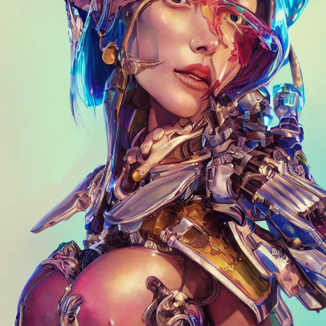 Image similar to studio portrait of lawful good colorful female holy mecha paladin absurdly beautiful, elegant, young skinny bikini model, ultrafine hyperrealistic detailed face illustration by kim jung gi, irakli nadar, intricate linework, sharp focus, bright colors, matte, octopath traveler, final fantasy, unreal engine highly rendered, global illumination, radiant light, intricate environment