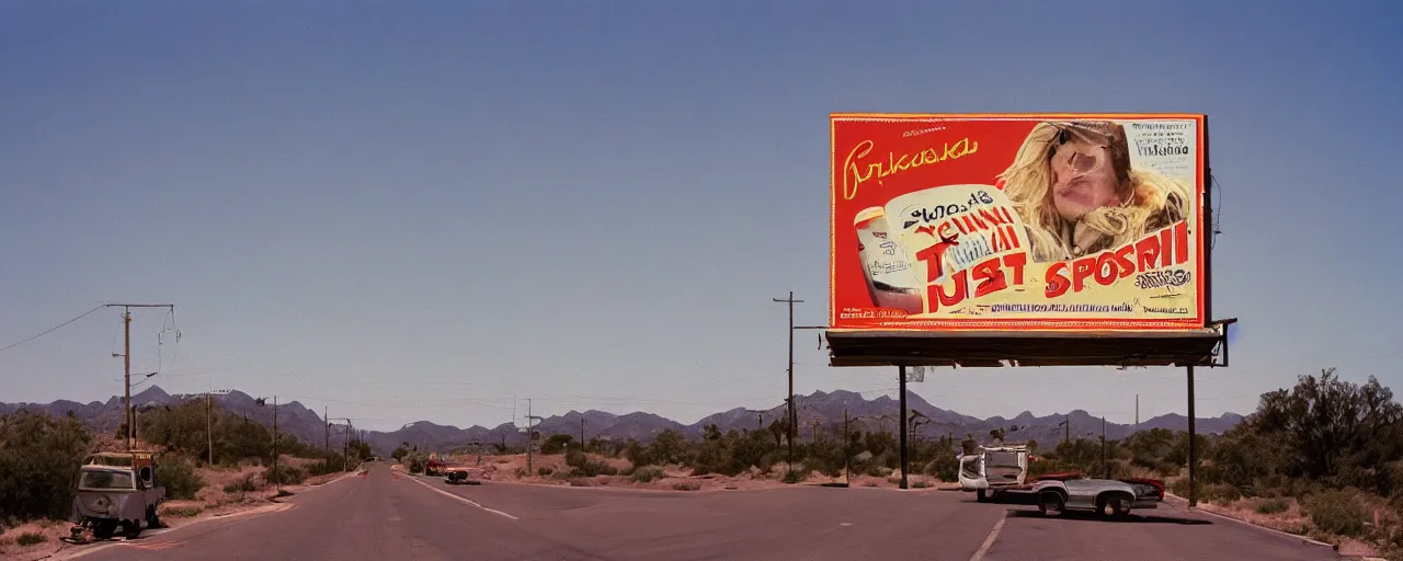 Prompt: spaghetti billboard advertisement, highway 5 0, arizona, sunset, canon 2 0 mm, f 1. 8, kodachrome, in the style of wes anderson