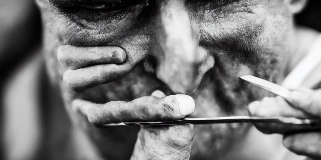 Image similar to dslr a man removing a nail from his third eye, 5 0 mm f 1. 8