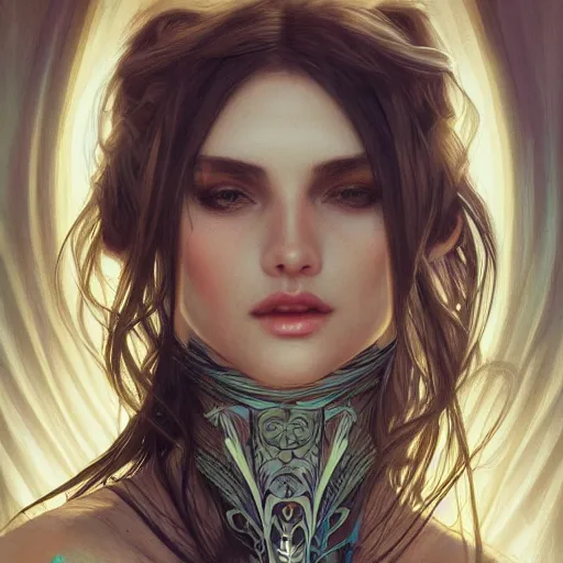 Image similar to a photograpic portrait of a pretty woman, spacepunk, fantasy, intricate, elegant, highly detailed, digital painting, artstation, concept art, smooth, sharp focus, illustration, art by artgerm and H R Giger and alphonse mucha