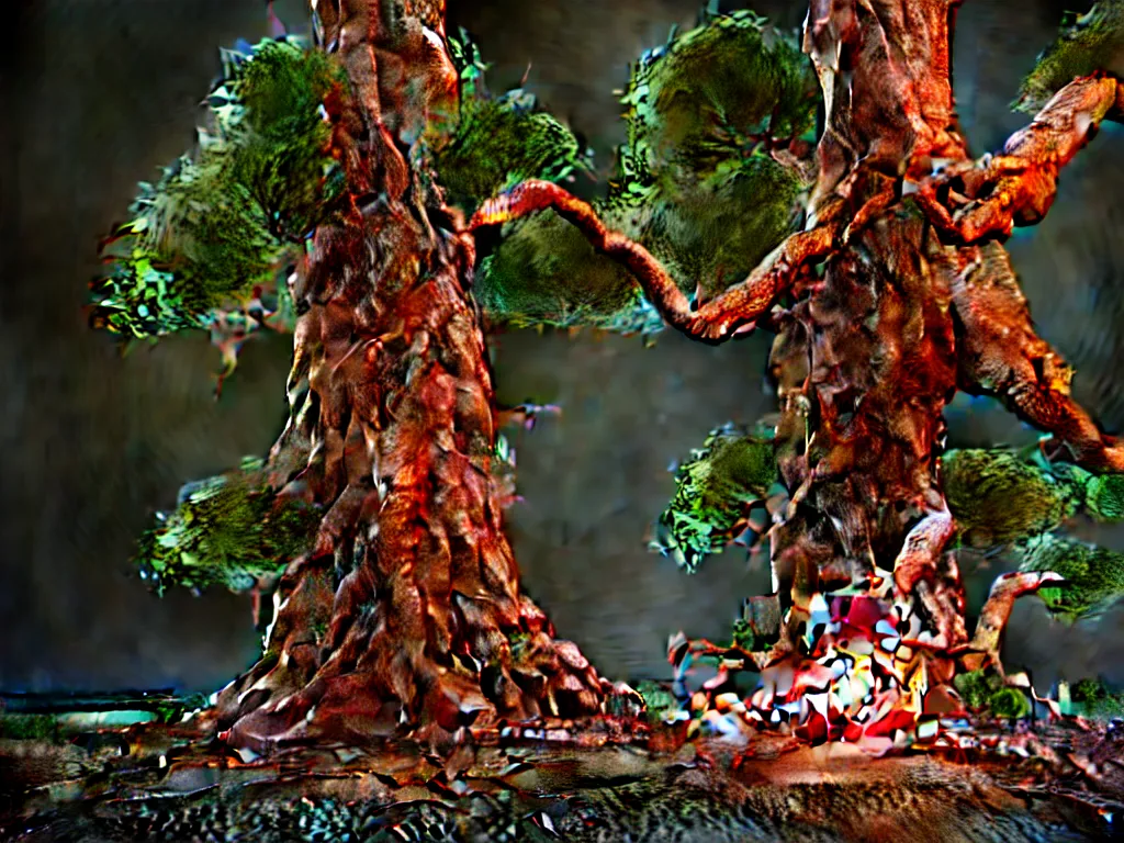 Image similar to photorealistic render of ent tree holding chainsaws and cutting humans who have their heads cut off by the floor with blood, hyper detailed, ultra realistic, 8 k, unreal engine render, ray traced lighting