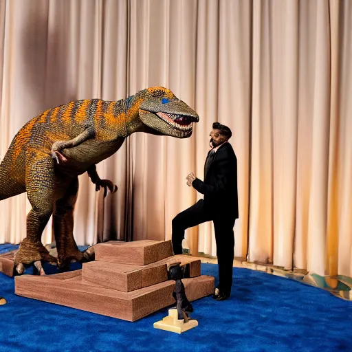 Prompt: Two dinosaurs playing Jenga at the Oscars ceremony, luxury