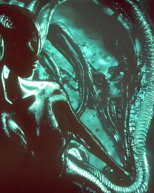 Prompt: film still of kim kardashian being mouth fed by an xenomorph slathered in a transparent alien liquid, wet flowing hair, gooey skin, illustration, unreal engine 5, 8 k, directed by h. r. giger.