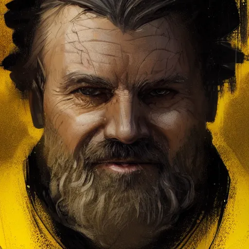 Prompt: portrait of a man by greg rutkowski, old jedi master nat skywalker, long messy hair, beard, wearing a yellow and black tactical gear, star wars expanded universe, highly detailed portrait, he is about 5 0 years old, digital painting, artstation, concept art, smooth, sharp foccus ilustration, artstation hq