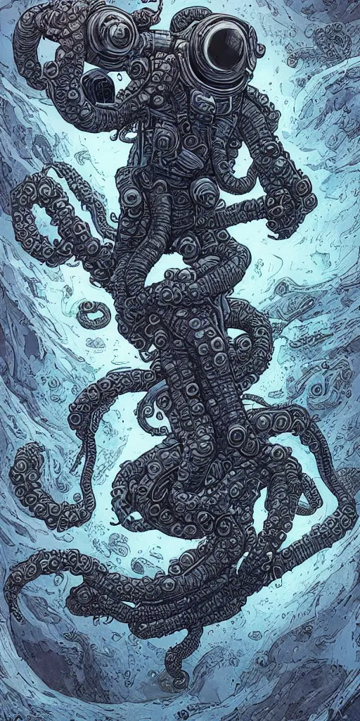 Image similar to eldritch astronaut with tentacle arms, style of james jean and laurie greasley and greg rutkowski, dynamic composition, dramatic lighting, hyper - realistic, ultra detailed, 8 k