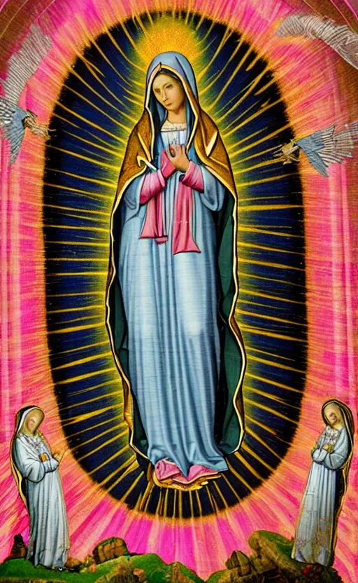 Image similar to virgin mary, our lady of lourdes, lady of guadalupe, blessed mother in front of a pink waterfall with ribbons and angels in clouds. beautiful lighting. highly detailed textures.