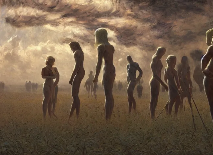 Image similar to people exterior futuristic field, figures, in the style of jeremy enecio, intricate, miles johnston, monet, cynical realism, john william godward, painterly, yoshitaka amano, miles johnston, louise zhang, matt murphy, enes dirig, pekka halonen, finnish naturalism, realism