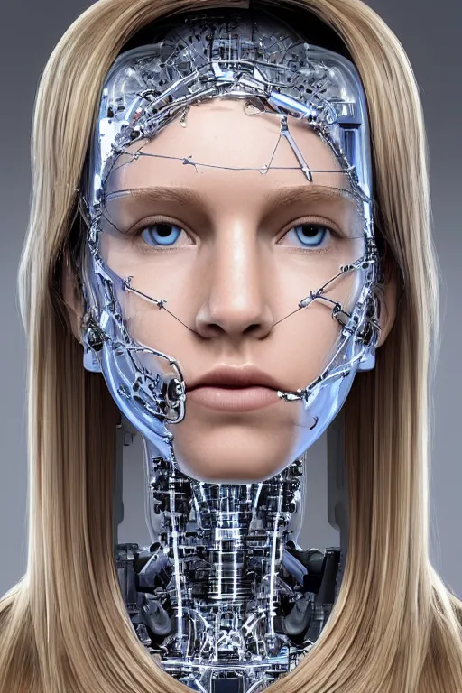 Image similar to robot with human face, female head, full body angle, woman human face, human face realistic, beautiful blonde hair, human head, human head with blonde hair, blonde hair human head, blonde hair, human realistic face, human head skin, cyborg frame concept, cyborg by ales-kotnik, sci-fi android female, the body is made of wires, robotic body, cyborg body, cyborg bust body, robot body cyborg, full body