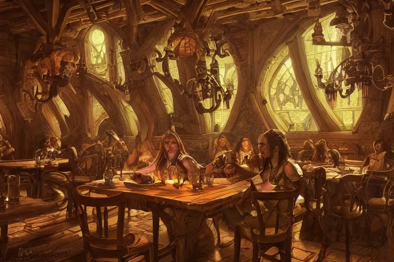Prompt: ultra realistic illustration, medieval tavern interior from warcraft and d & d, intricate, elegant, highly detailed, digital painting, artstation, concept art, smooth, sharp focus, illustration, art by artgerm and greg rutkowski and alphonse mucha