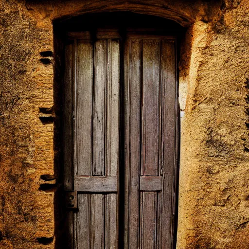 Image similar to A door with a sleeping person hangs on loops, medieval style, dramatic lighting