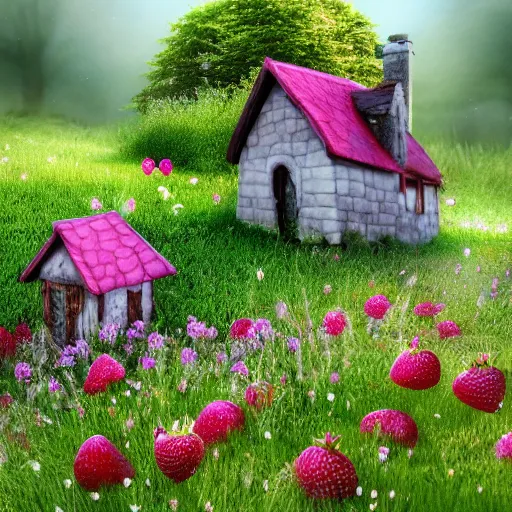 Image similar to fantasy little strawberry-like cottage among magical floral meadow partially covered with fog, photo realistic image, super detailed, 4K,cinematic look, H 1024