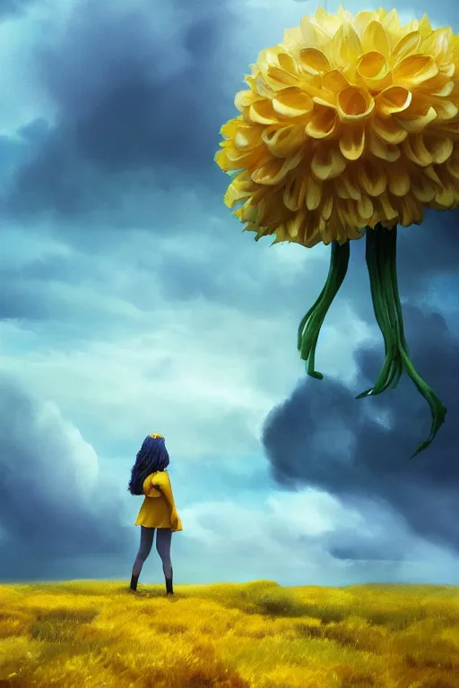 Prompt: closeup girl with giant yellow dahlia flower as head, standing on mountain, surreal photography, blue storm clouds, dramatic light, impressionist painting, digital painting, artstation, simon stalenhag