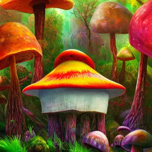 Image similar to Surreal hut in a fantasy forest, colorful mushrooms, artstation, award-winning!!!