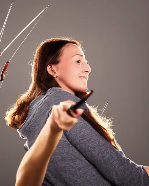 Prompt: young woman arrow shooting, low angle view