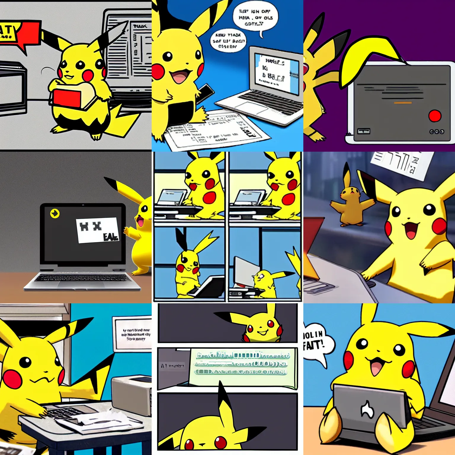 Prompt: Pikachu tries to pay taxes using an old laptop