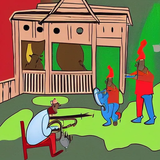 Prompt: A digital painting of a cannon on a porch. Birds are flying over and one of them is hit by a vase that was thrown into the air. A bull plays saxophone while next to the bull a farmer with a pitchfork smokes a cigarette.