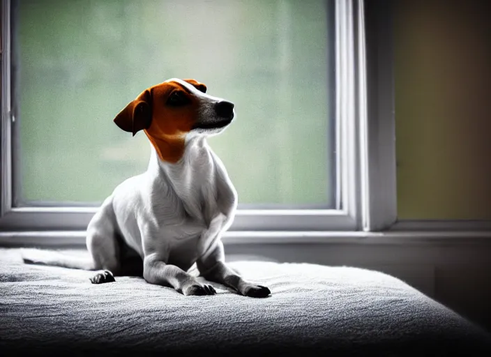 Image similar to photography of a Jack Russel . watching outside the window. on a bed. in a vintage room.,volumetric light, photorealistic,, award winning photo, 100mm, sharp, high res