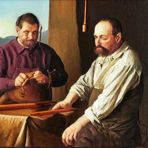 Prompt: an oil painting of two woodworkers