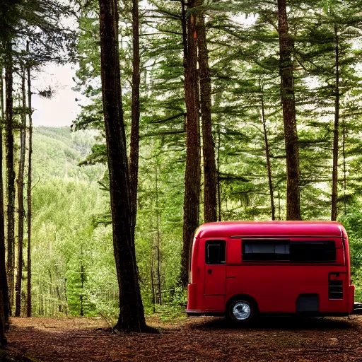 Prompt: a metal camper in a forest clearing, pillar of red light visible in background