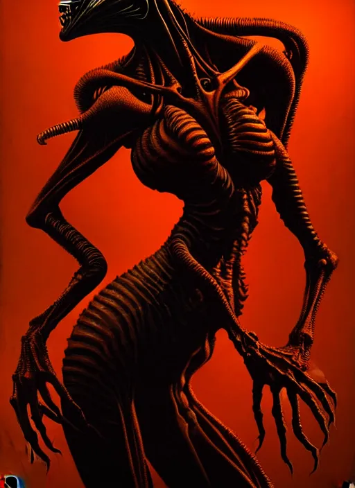 Prompt: ultra realist horror painting of a dimly lit attractive alien female and hellish creature together, very intricate details, focus, curvy figure, 5 0's pin - up pose, model pose, full frame image, artstyle hiraku tanaka and craig mullins, award winning