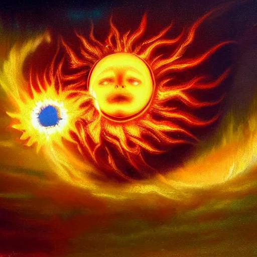 Prompt: a 1 8 7 0 painting of the sun exploding, painting, digital art, harsh lighting