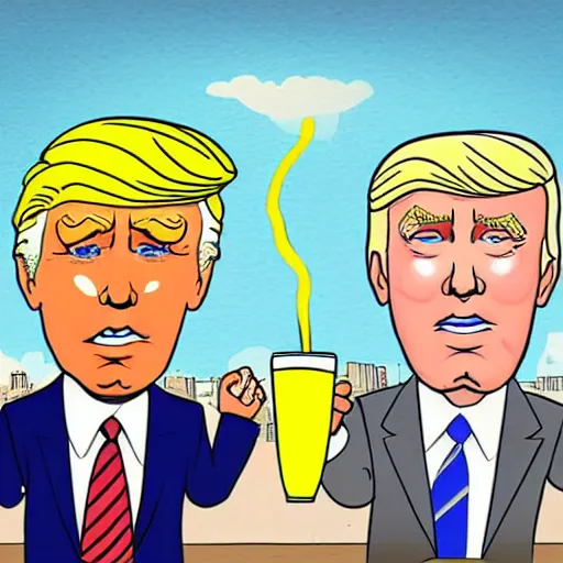 Image similar to cartoon drawing of Biden and Trump together drinking a lemon drink with Rio de Janeiro mountains on the background